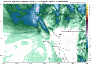 The NAM suggests some substantial precipitation accumulations north of San Francisco but virtually nothing in SoCal over the next few days. (NCEP via tropicaltidbits.com)