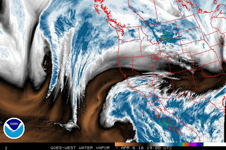 Current water vapor imagery via satellite shows the subtropical moisture plume associated with the cut-off low west of Baja CA. (NOAA SSD)