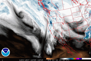 Current water vapor imagery from satellite showing incoming Pacific system (click to animate). (NOAA SSD)