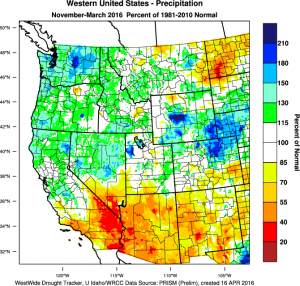 The Desert Southwest was unexpectedly dry this winter, and the Pacific Northwest unexpectedly wet. (West Wide Drought Tracker)