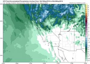 Precipitation this weekend will largely be confined to NorCal, with modest amounts overall except heavier totals in mountain areas. (NCEP via tropicaltidbits.com)