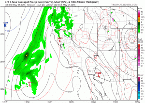 While there is unlikely be widespread heavy precipitation with this system, occasional bouts of showers and thunderstorms are likely over most of California through the coming weekend. (NCEP via tropicaltidbits.com)