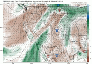 Mid and upper-level subtropical moisture will stream northward across California, leading to a risk of high-based thunderstorms at times next week. (NCEP via tropicaltidbits.com)