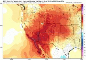 Model ensemble forecasts suggest a high likelihood of very warm temperatures persisting through the rest of June. (NCEP via tropicaltidbits.com)