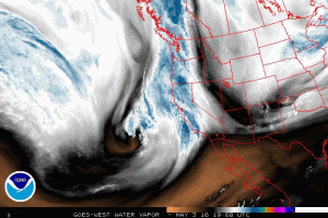 Satellite water vapor imagery shows a slow-moving Pacific low approaching the California coast. (NOAA SSD)