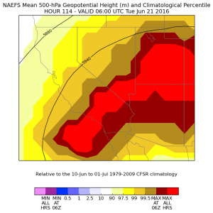 The magnitude of the Southwestern ridge will be unprecedented for mid-June. (NAEFS via NCEP)