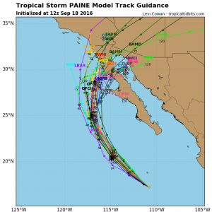 Model forecasts show the remnant circulation from TS Paine moving toward Southern California later this week. (NCEP/NHC via tropicaltidbits.com)