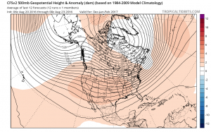 The CFS shows the return of conspicuous West Coast ridging this winter. (CPC via tropicaltidbits.com)