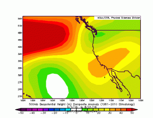 The 4-Corners High has been stronger and more westward-shifted than usual this summer. (Daniel Swain via ESRL Plotter)