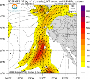 Strong moisture transport will bring the potential for heavy coastal precipitation. (Scripps)