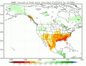 The NMME is suggesting a north-south precipitation split is possible in California this winter, with dry conditions possible statewide later in the season. (NMME/CPC)