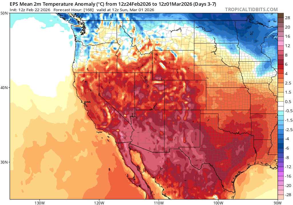 A winter "heatwave" will once again develop across the Southwest by late Feb and early Mar, with temperatures more consistent with late spring across portions of Southern California and the lower Colorado River basin. Via tropicaltidbits.com