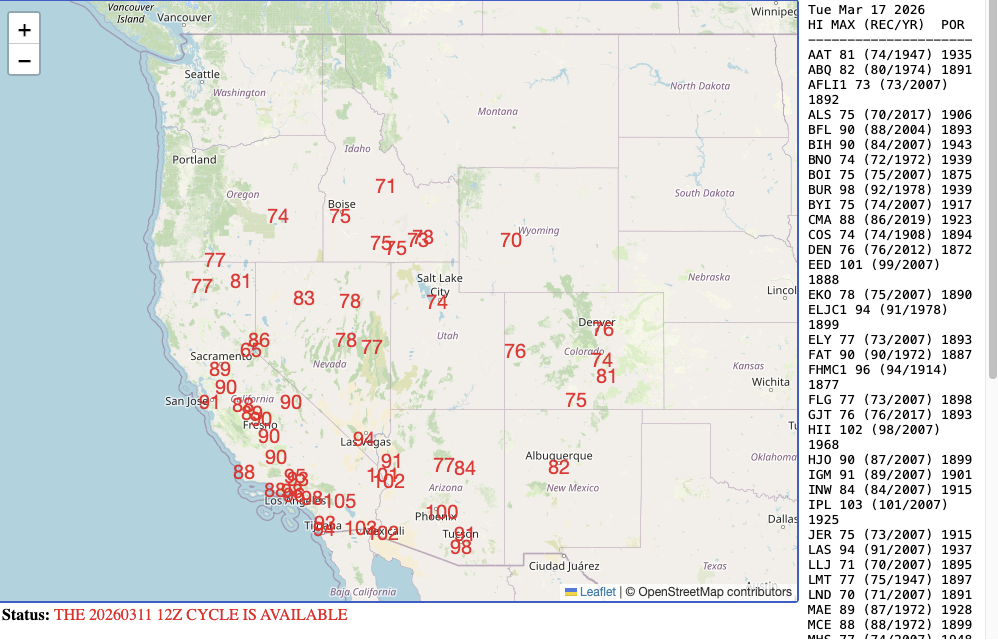 Snapshot from NOAA NWS tool depicting locations where record-breaking temperatures are predicted for March 17th. Numerous such locations are depicted across California, Nevada, Arizona, Idaho, Colorado, and other Western States. (NOAA/NWS)