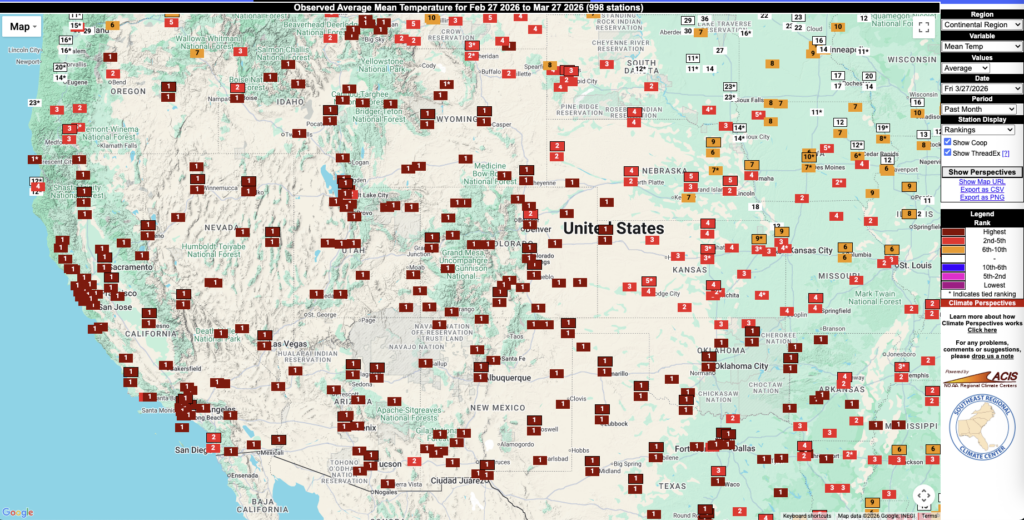 Map showing the relative rank of temperatures over the past month (late Feb-late Mar 2026) for most of the western and central U.S. The vast majority of locations experienced their warmest such period on record--some by a huge margin--in a swath extending clear from the Pacific Coast to east of the Mississippi River. Map via the Southeast Regional Climate Center.