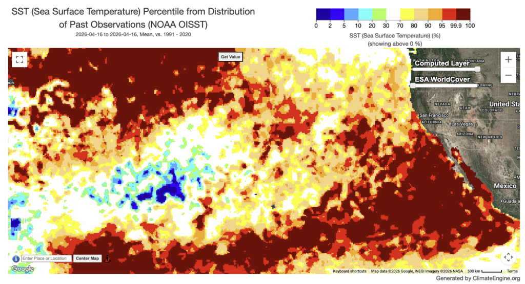 Map depicting the relative anomalousness of current ocean surface temperatures across the northeastern tropical Pacific Ocean. An extreme marine heatwave is depicted stretching from the southwestern coast of Mexico northward to central California and southwestward to Hawaii (all locations with dark red colors indicate the warmest SST on record). (climateengine.org)