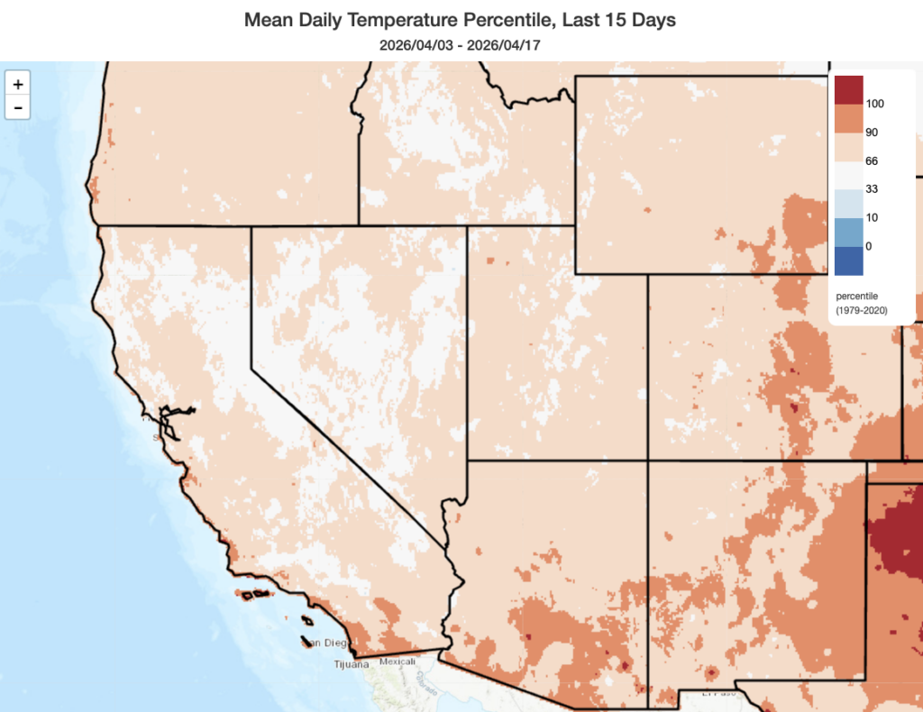 Map depicting the relatively anomalousness of temperatures over the past ~2 weeks. Despite much cooler temperatures relative to the record-shattering March heatwave, and some episodes of mountain snowfall, most of California was still warmer than the long-term average over this period (especially along the immediate central and south coast, where record-warm ocean temperatures persist). (climatetoolbox.org)