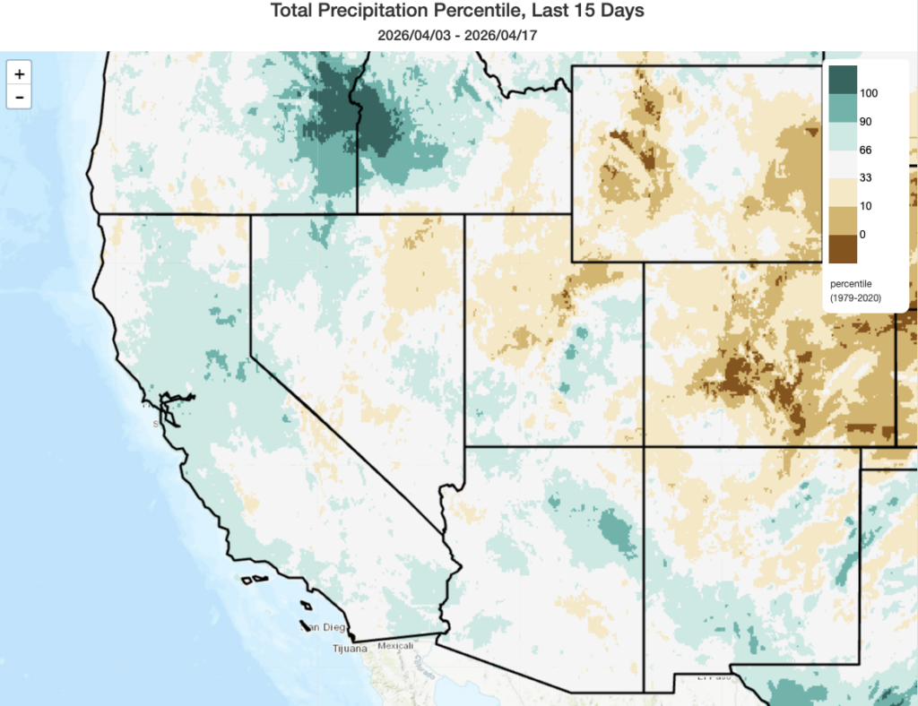 Map depicting the relatively anomalousness of precipitation over the past ~2 weeks. Over California, most coastal regions, the Sacramento Valley, and central/northern Sierra have seen somewhat above average precipitation for the first half of April; the rest of California has been near average. (climatetoolbox.org)