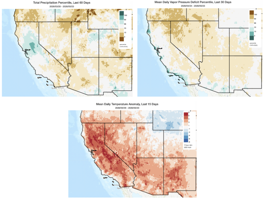 Multi-panel map snapshot from climatetoolbox.org illustrating recent climate conditions. Over the past 2 months, precipitation has been well above average in a relatively small region from San Francisco northeastward to the Lake Tahoe Area, but below average nearly everywhere else. Meanwhile, the air has been notably drier than average across most of interior CA and the interior West but moister than average (and even among the moistest on record for this period!) along much of the CA coast thanks to very warm coastal ocean temperatures over the past month. Finally, the past 2 weeks have been significantly warmer than the recent average nearly everywhere in California, though least notably so at the coast.