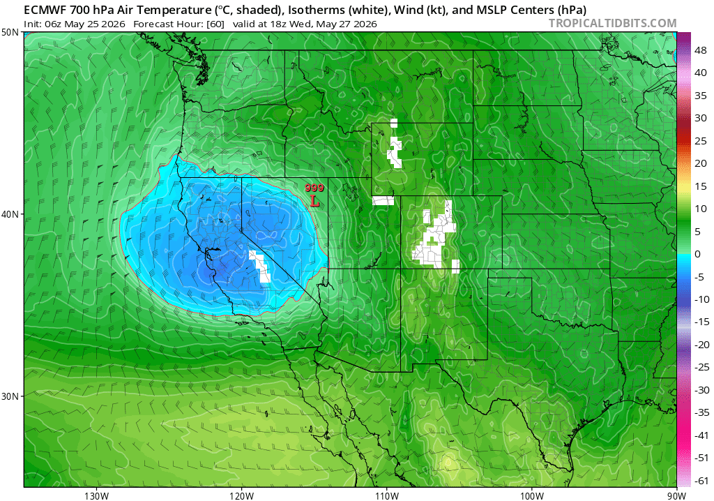 Cold air aloft will combine with high late May sun angle to create steep lapse rates and an unstable atmosphere over northern and Central California. Scattered mountain thunderstorms will occur, and some isolated thunderstorms could pop up just about anywhere in NorCal with such steep lapse rates although they likely won't be widespread. Depicted here are cold (subfreezing) 700mb air temperatures as projected by the ECMWF model.