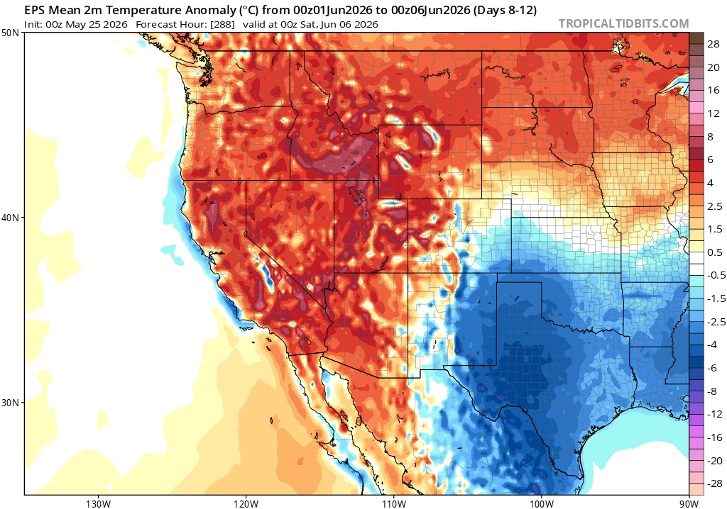 During the first week in June, much more widespread warming will likely occur occur across the West and most of California as Pacific Northwest-centered ridging returns.