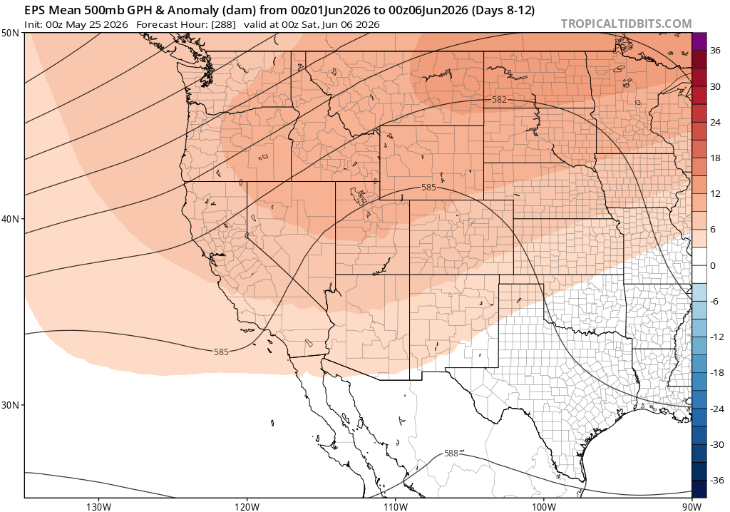 By early-mid June, a broad and perhaps blocking ridge will likely develop over the Pacific Northwest or Northern Rockies, bringing much warmer weather to the West (including most of California).