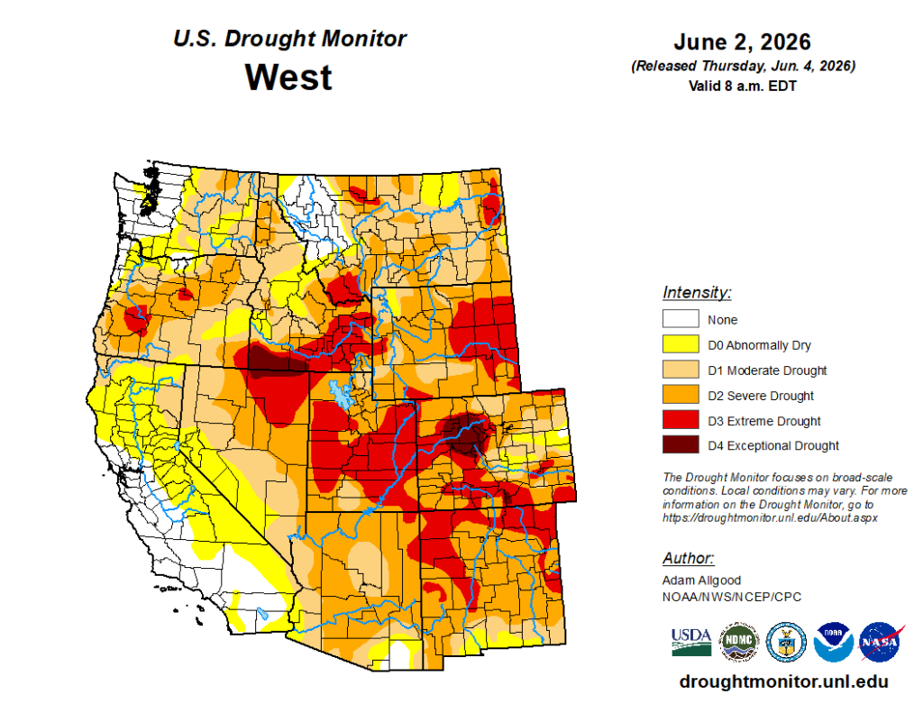 Map of current drought status across the Western United States. It depicts widespread drought covering at least a portion of every western state, but with the most severe and widespread drought across the interior West and Colorado River Basin (and the least drought across most of California and western Washington). (Drought Monitor map via UNL/NOAA/USDA)