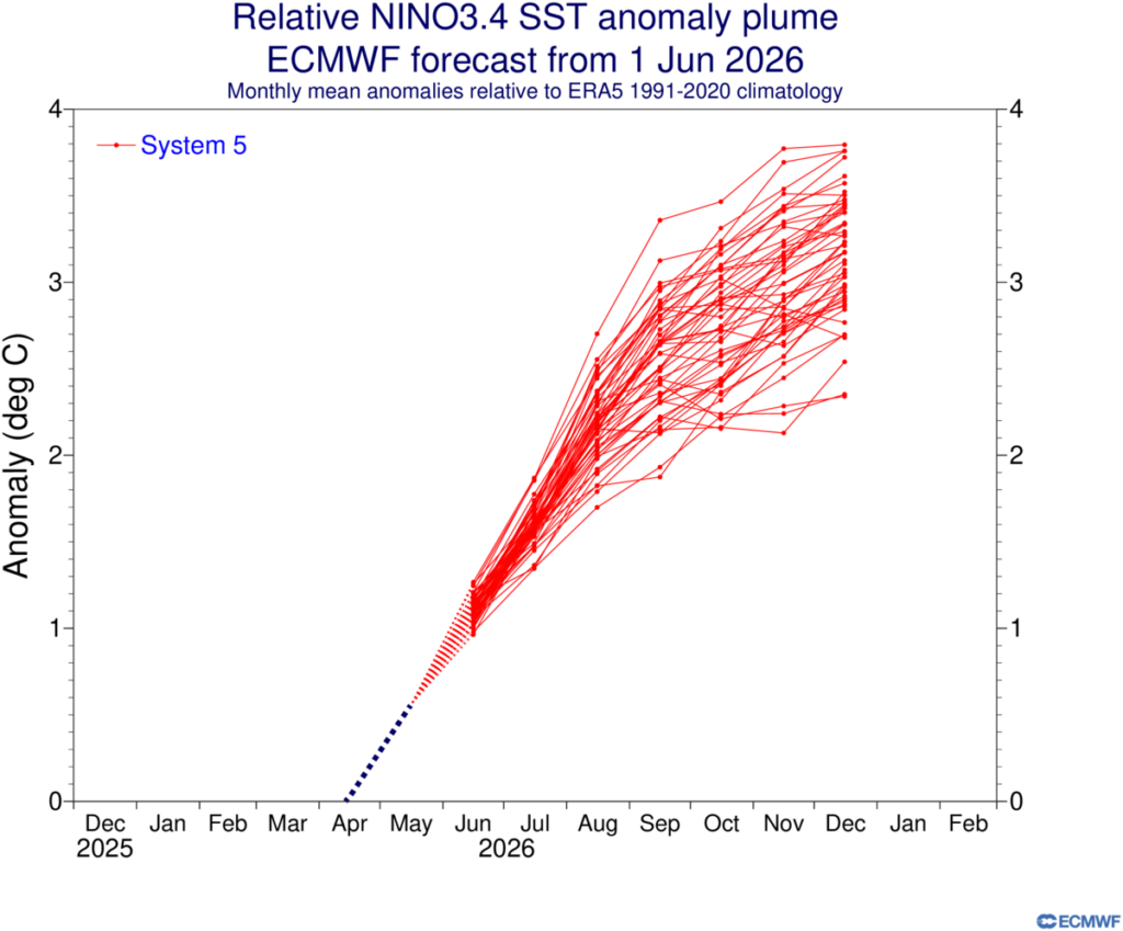 Just-released ENSO forecast from the ECMWF ensemble. As of the June update, the ECMWF model ensemble is explicitly indicating a record-strength El Nino event in the Pacific but autumn/winter. While there is still significant uncertainty regarding maximum eventual amplitude, a strong or very strong event is now highly likely. (ECMWF)