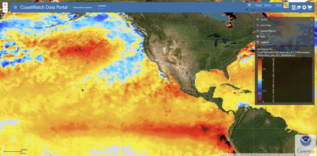 Ocean surface temperatures (SST) are extremely far above average, and in many cases record-breaking, across a majority of the northeastern Pacific Ocean except for a narrow swath just offshore and along the immediate coastline of NorCal (north of the Bay Area) through British Columbia. Extremely warm water is now present along the West Coast of Mexico and Central America, and record-breaking warmth is now also apparent in the primary Nino region west of Peru along the equator. (NOAA CoastWatch Data Portal)