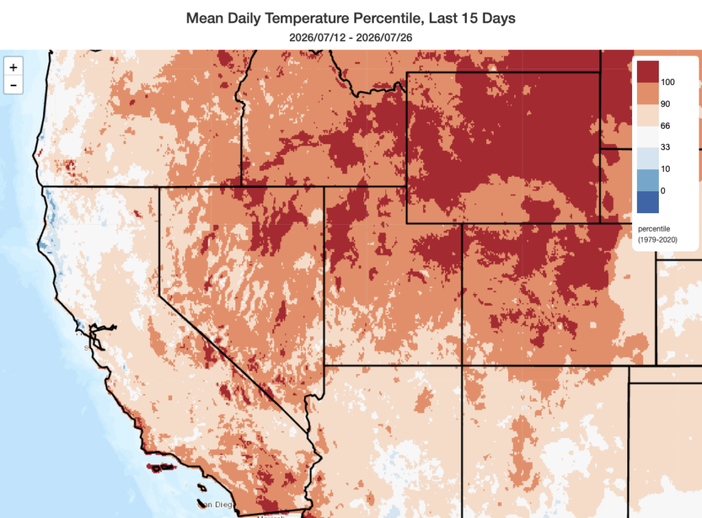The central and northern Rockies have been record warm over the past two weeks, but well above average temperatures have now persisted in central and southern California for multiple weeks as well (especially along the immediate coast, a direct result of near-record warm ocean temperatures). (climatetoolbox.org)