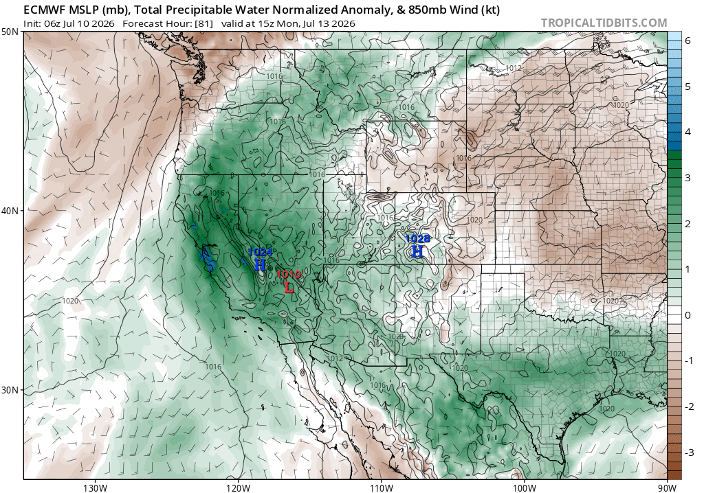 On Sun-Mon in California (and Tue-Wed in the Pacific Northwest), a highly anomalous "blob" of subtropical monsoonal moisture will move in from the southeast, potentially bringing some thunderstorm activity capable of generating mostly dry lightning (and possible wildfire ignitions, especially from the Cascades eastward where drought conditions are far more severe than in California). (tropicaltidbits.com)