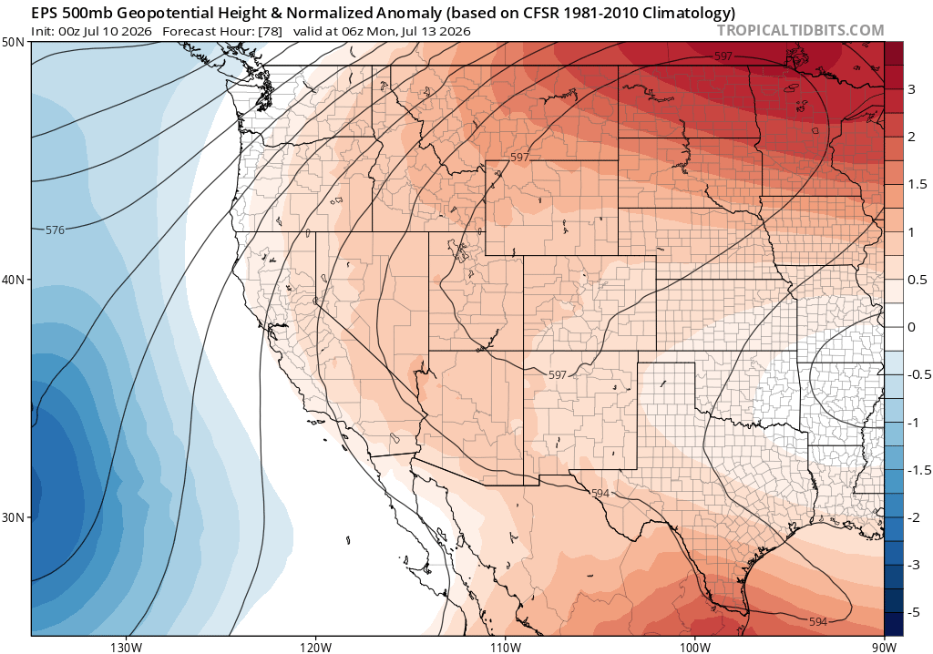 On Monday, a massive blocking ridge will develop across most of the western and central U.S., centered near the Dakotas. On its western flank, an anomalously deep low pressure system off the California coast will amplify southerly/southeasterly flow--inducing a significant surge of subtropical monsoonal moisture over California, the Great Basin, and portions of the interior Pacific Northwest. (tropicaltidbits.com)