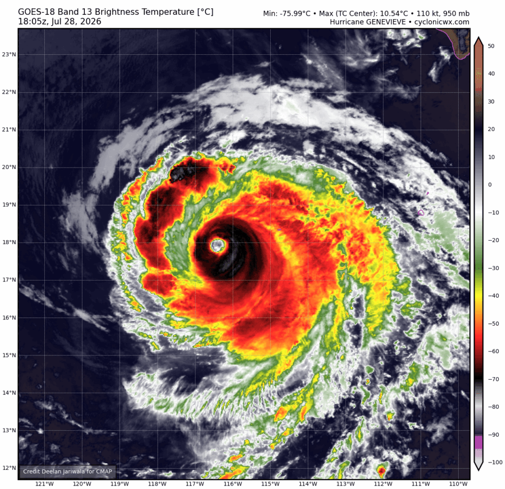 Recent satellite snapshot from earlier today of Major Hurricane Genevieve, which rapidly intensified in the East Pacific yesterday amid record-warm ocean temperatures. (cyclonicwx.com)