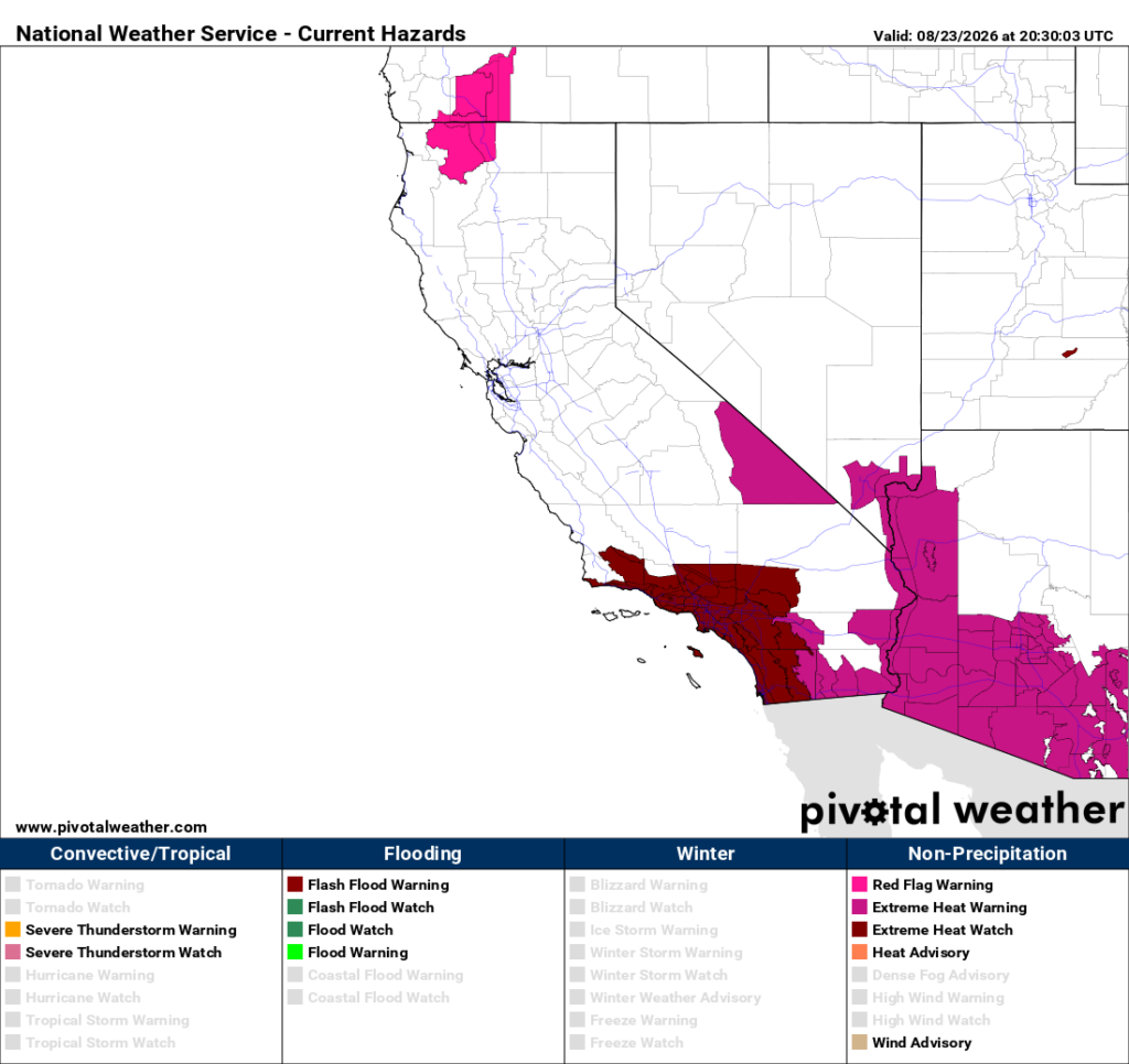 The National Weather Service has issued a range of heatwave-related weather watches, warnings, and advisories, including Extreme Heat Warnings for the hottest inland SoCal deserts, a heat advisory closer to the coast, and an ongoing Extreme Heat Watch for most of SoCal for the Wed-Fri period due to uncertainty regarding more extreme heat during that window. (pivotalweather.com)