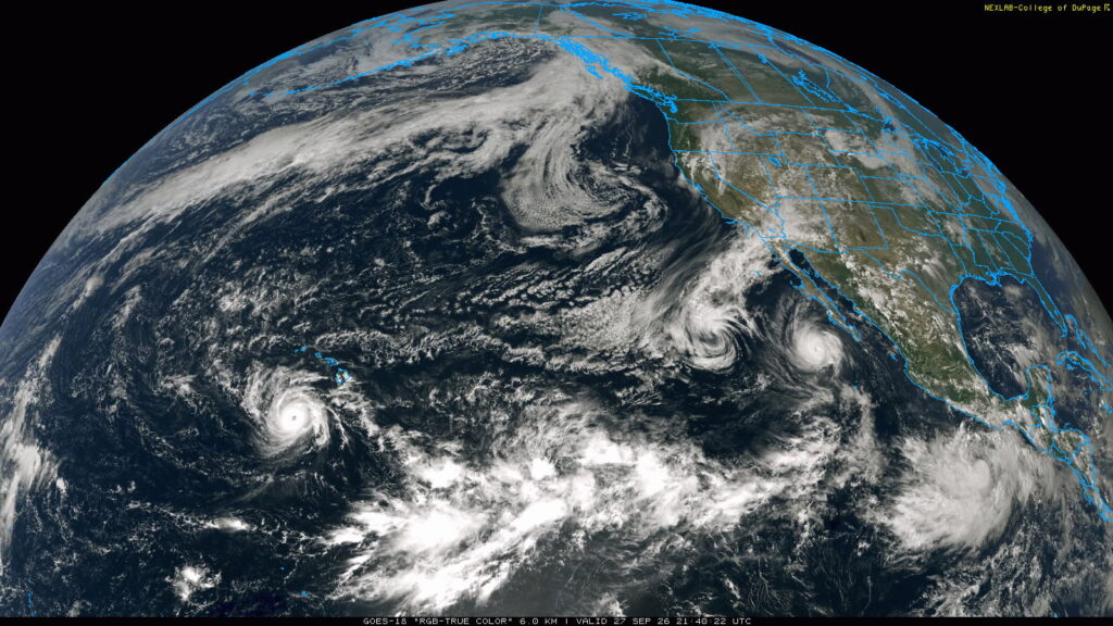 A remarkable satellite snapshot of the Northeastern Pacific basin this afternoon. It depicts Hurricane Nolo near Hawaii, Hurricane Polo near Baja California, former Hurricane Odalys in between (see the remnant swirl sending mid-level moisture and clouds into SoCal), and soon-to-be-Hurricane Rachel (far lower right) west of Mexico. (NEXLAB/College of Dupage)