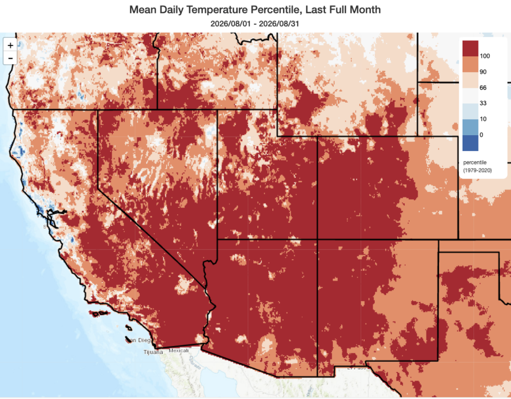 Snapshot from Climate Toolbox of locations that experienced record-breaking, or near record-breaking, warmth during August 2026. Much of the California interior, as well as most of SoCal (including the coast), as well as most of the interior West, saw extreme to record-breaking warmth during this period. (climatetoolbox.org)