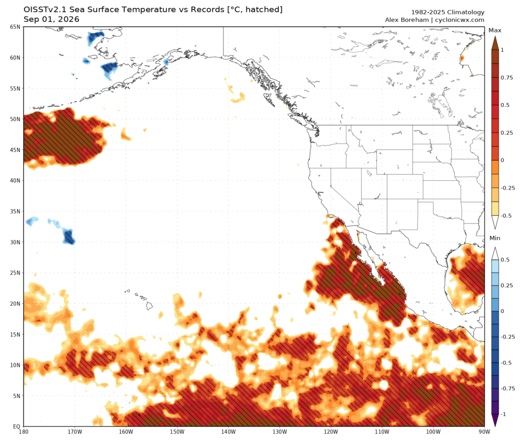 Map showing locations where current ocean temperatures are near (red) or at (hatched background) record warm levels. Much of the Pacific between coastal SoCal and the tropical Pacific is shaded red and/or hatched. (cyclonicwx.com)