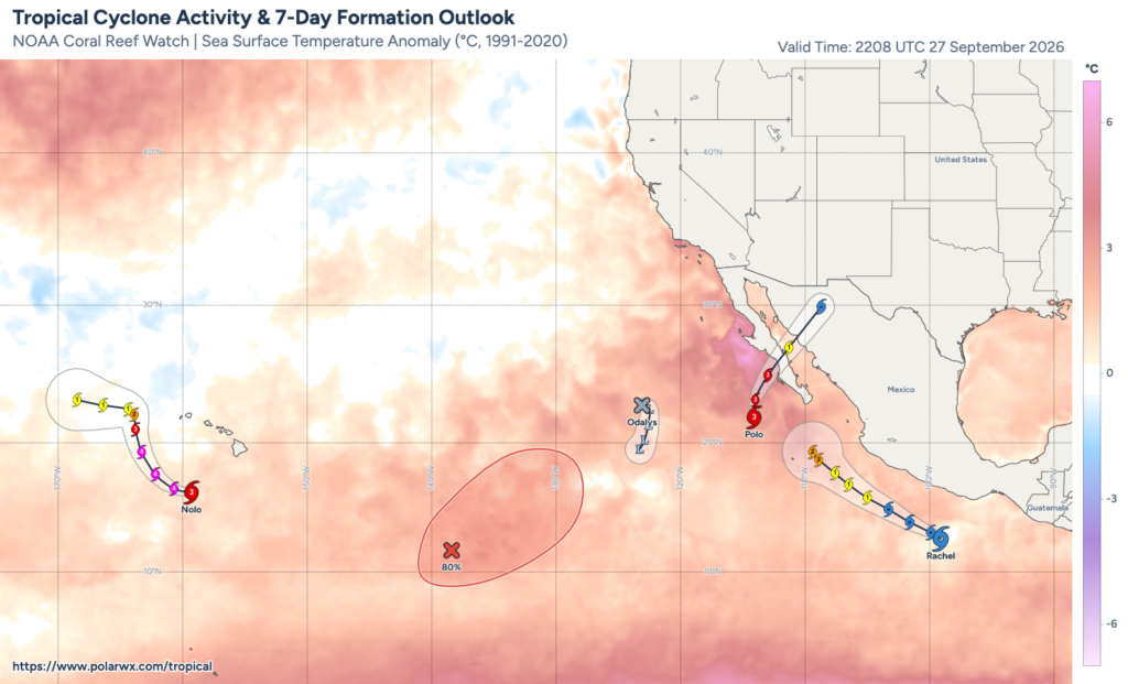 Current map showing Hurricanes Nolo and Polo (yes, really!), along with the remnants of Odalys, soon-to-be-hurricane Rachel, and another region of potential tropical development. Note Polo's Category 2/3 landfall in central Baja CA and subsequent beeline toward New Mexico. (polarwx.com)