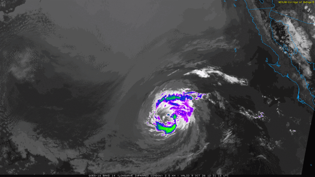 Animation of Tropical Storm Rachel as of the morning of October 9. While it does not look particularly healthy at the moment, with clear evidence of dry air intrusion in the mid-levels and a lack of robust deep convection, the system is nonetheless expected to re-strengthen slightly as it approaches the CA/MX border on Saturday. (GOES-18 satellite via College of DuPage)
