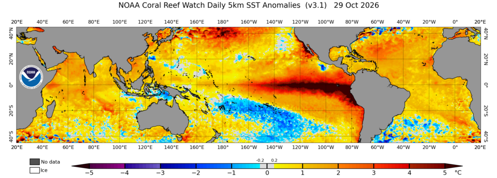 Current tropical SST anomaly map from NOAA Coral Reef Watch. This year’s extreme El Niño event has ocean anomalies that are literally off the charts–well above the top end of the 5C (9F) anomaly chart in the eastern tropical Pacific and also along t…