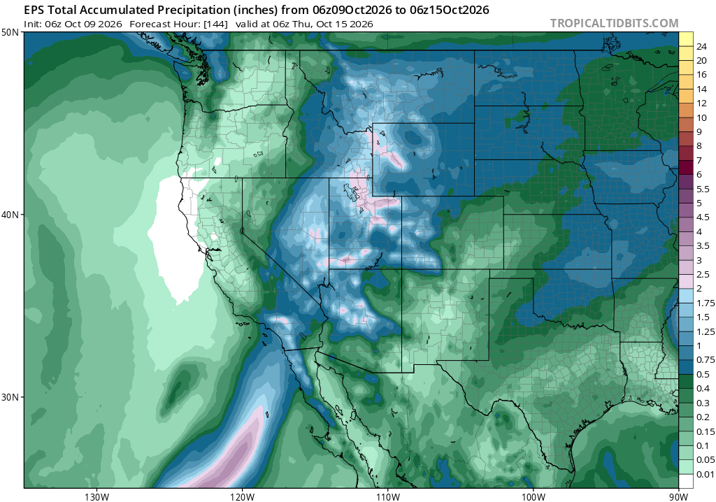 Map showing ECMWF ensemble forecast of accumulated precipitation over the next 6 days. A swath of widespread moderate to locally heavy rainfall is depicted along a southwest-northeast oriented axis from the US/MX border in California north and east into the Northern Rockies. This represents precipitation both from Tropical Storm Rachel and also the incoming trough/non-tropical low pressure system behind it. (tropicaltidbits.com)