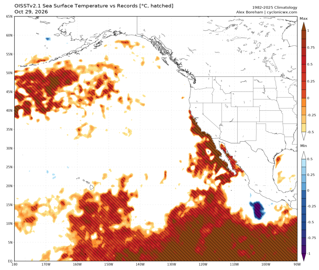 Map showing locations where current sea surface temperatures (SST) are record warm (red areas with cross hatching). Note also a transient pocket of record *cold* SST SW of Mexico where extreme hurricane activity has temporarily churned up colder wat…